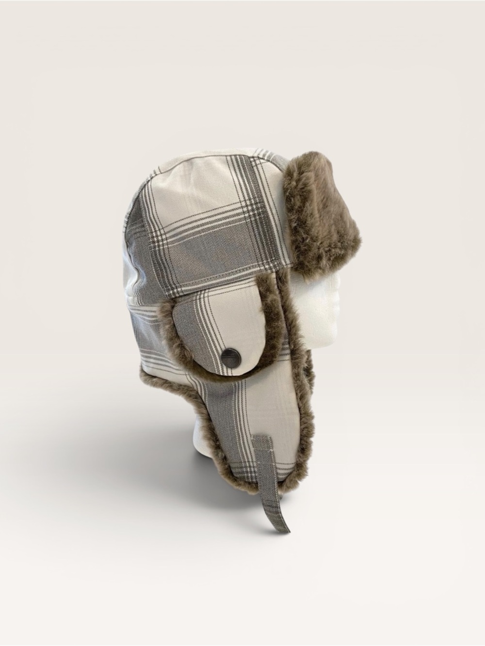 Merrell white Plaid Trapper Hat with Faux Fur aviator convertible unisex beanie